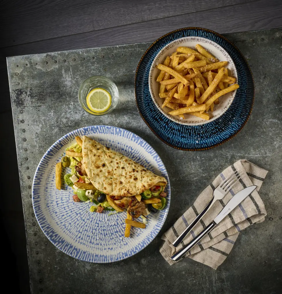 CASCADE INDIGO TAUPE & SAPPHIRE GREEK GYROS AND FRIES CHURCHILL EVOLVE CUTLERY.webp